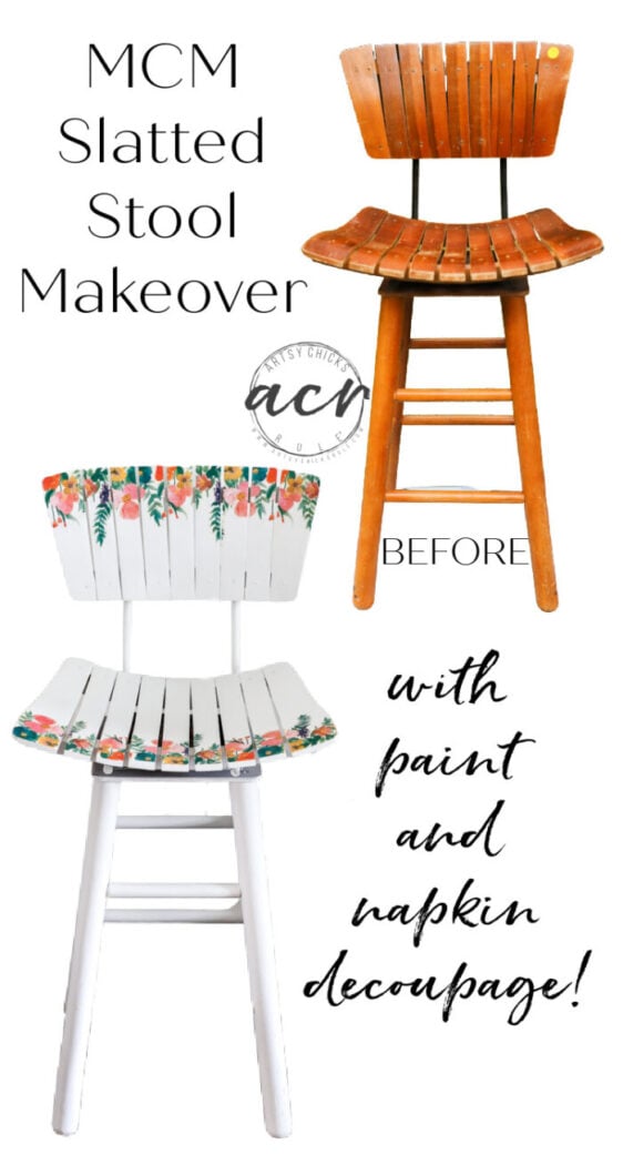 This mid century modern slatted bar stool makeover with a completely new look using paint and napkins! artsychicksrule.com
