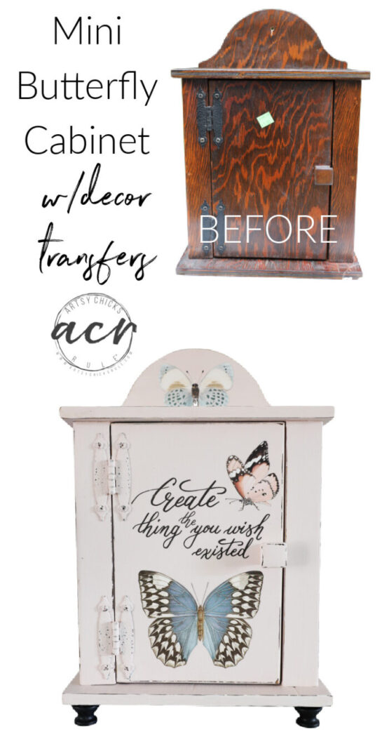 This mini butterfly cabinet is perfect for keeping all kinds of treasures in. So easy with paint and butterfly decor transfers! artsychicksrule.com