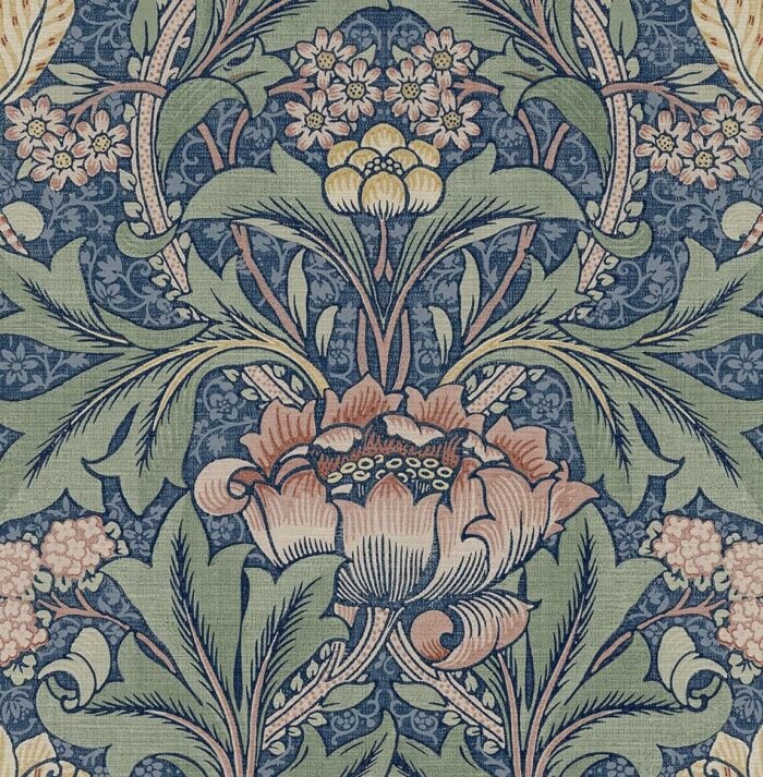 denim blue wallpaper with coral and green accents