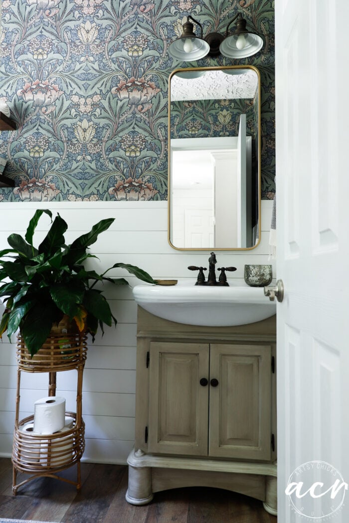 sink base in driftwood finish, white sink, gold mirror, green plant, shiplap walls and colorful wallpaper