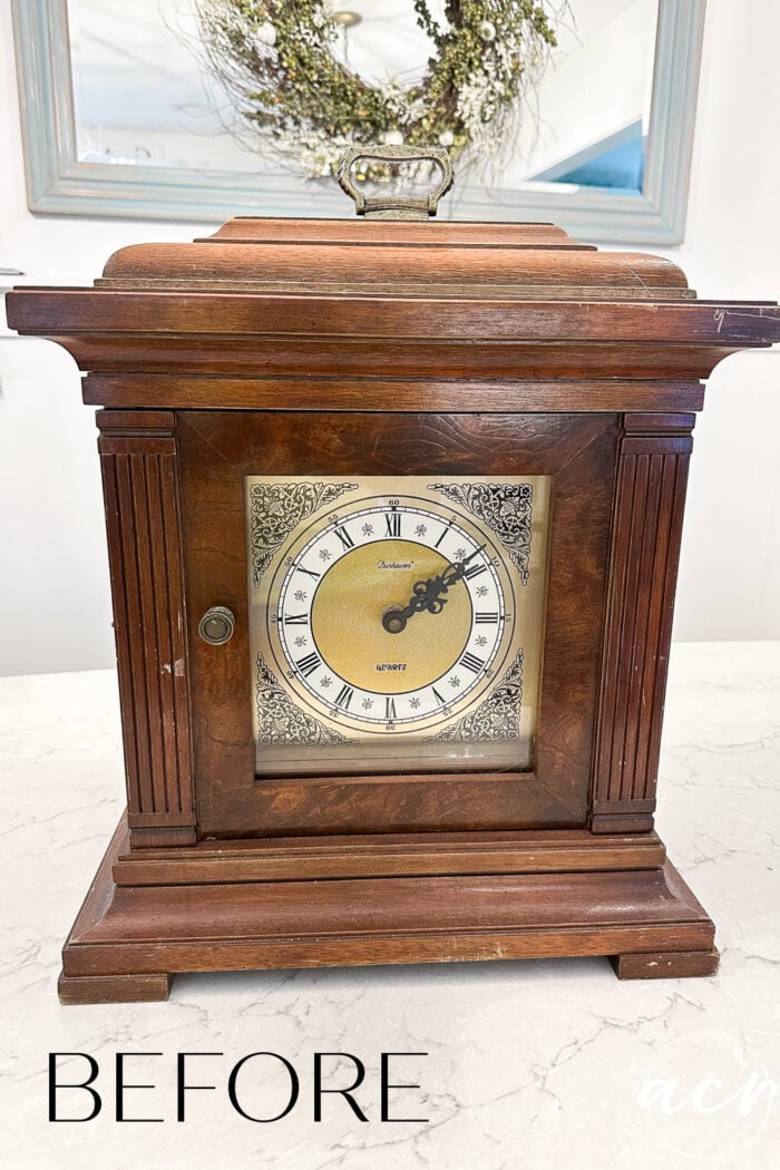 wood stained mantel clock before