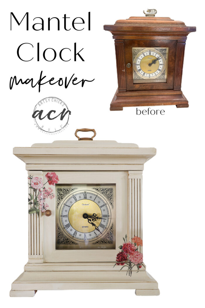 This mantel clock makeover was simple with paint, decor transfers and antiquing glaze to "age" it for a brand new look! artsychicksrule.com
