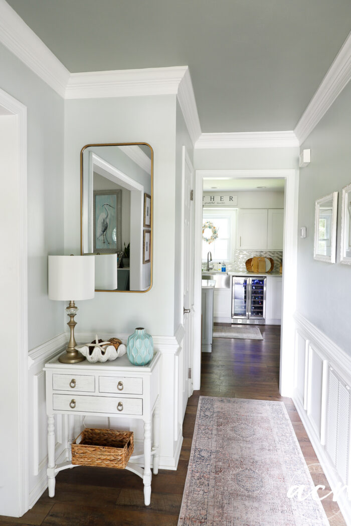 foyer entry with wood floor, rug and painted ceiling