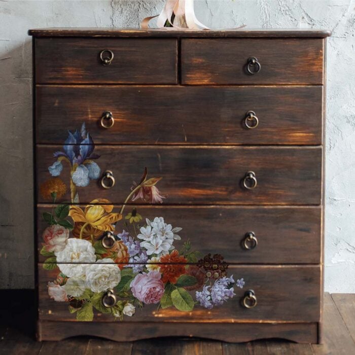 wood dresser with blossomed beauties transfer