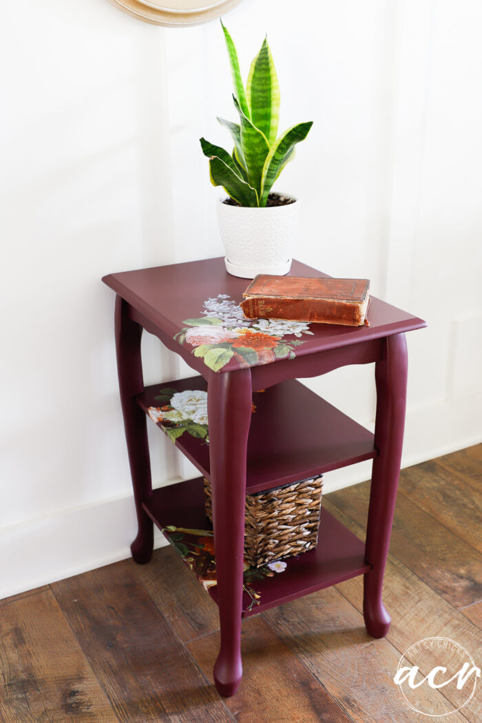 elderberry table with transfers styled with decor