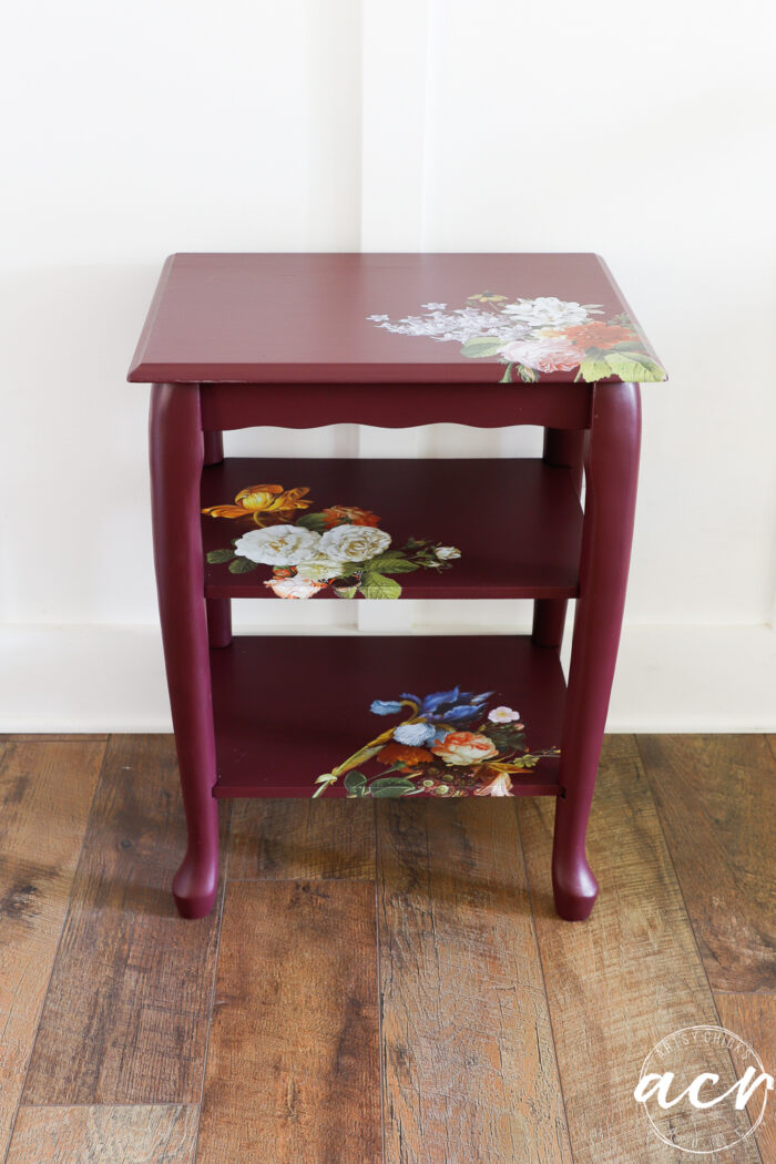 3 tiered wood table with floral transfers