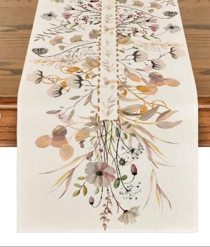 off white table runner with soft fall colored florals