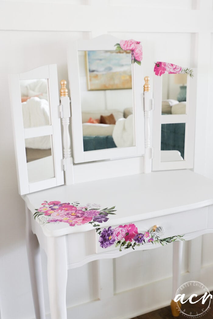 white dressing table with purple and pink floral transfers