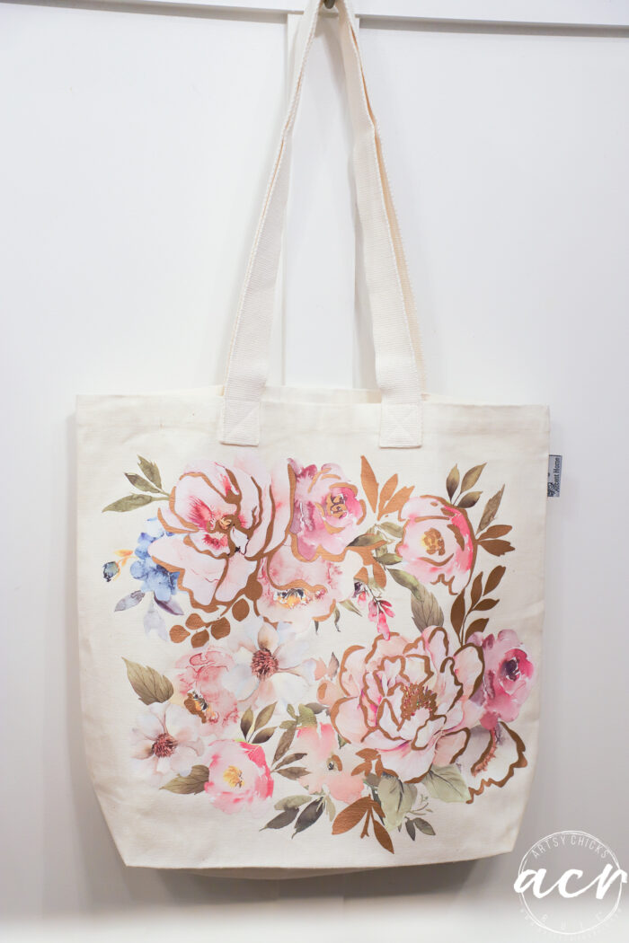 canvas tote with beautiful pink and gold flowers on front