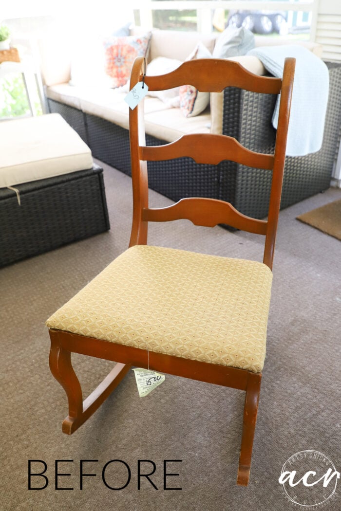 orange wood rocker with yellow seat