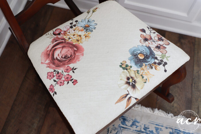 top view of seat cushion finished with flowers 