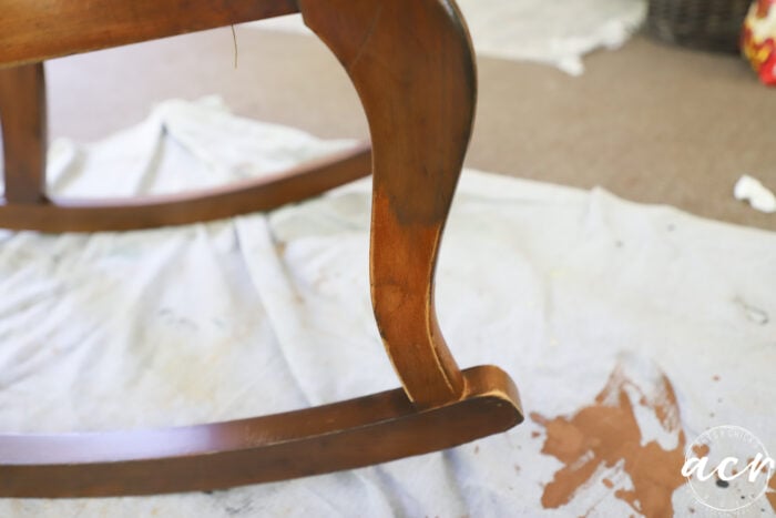 picture of the rocker leg with half stained half without