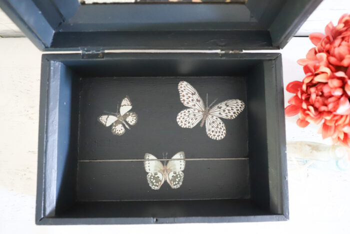inside of wood box painted with butterflies