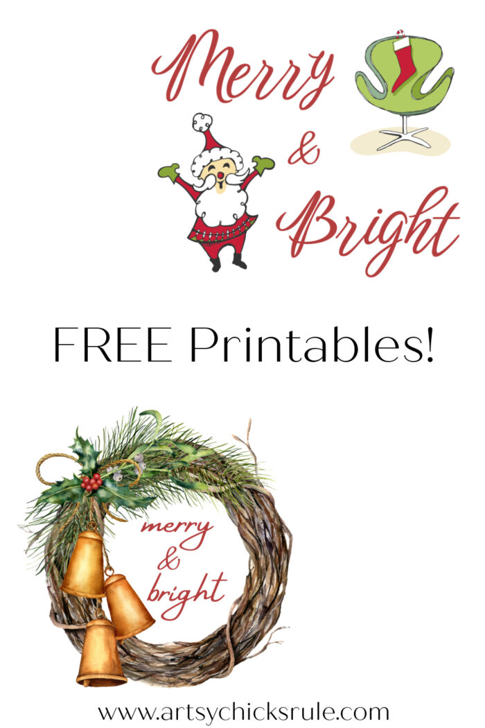 Merry & Bright FREE printables plus a sign easily made with them using a printer and transfer gel! artsychicksrule.com