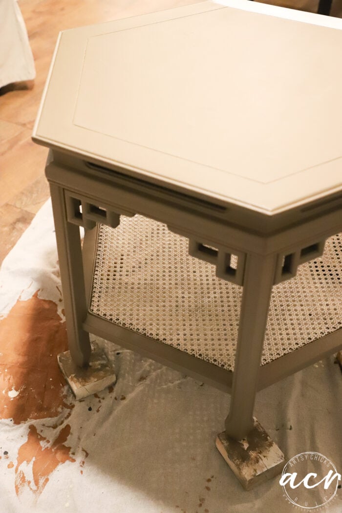 table on blocks paint in wood wick with white bottom cane shelf