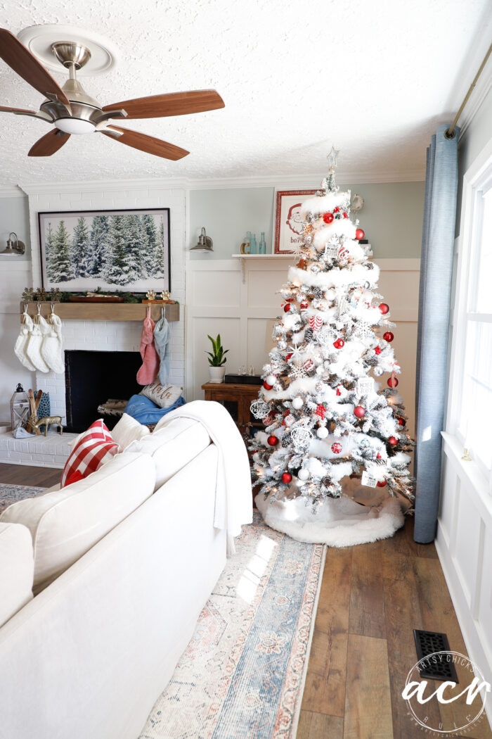 red and white christmas tree in living room