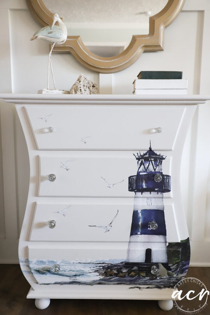 front of finished chest with lighthouse and glass knobs