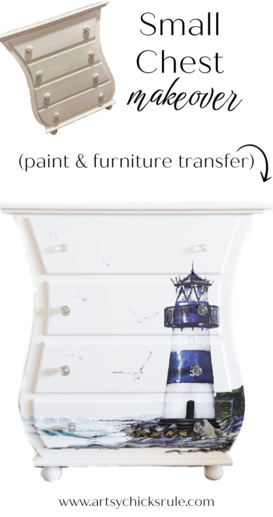 This lighthouse nautical chest makeover was simple to update with paint and a furniture transfer! artsychicksrule.com