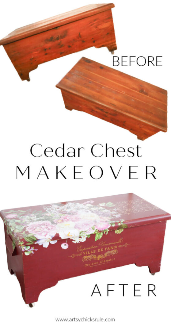 This old painted cedar chest needed a lot of love! It was beat up but now it's a stunner with new paint and pretty transfers! artsychicksrule.com