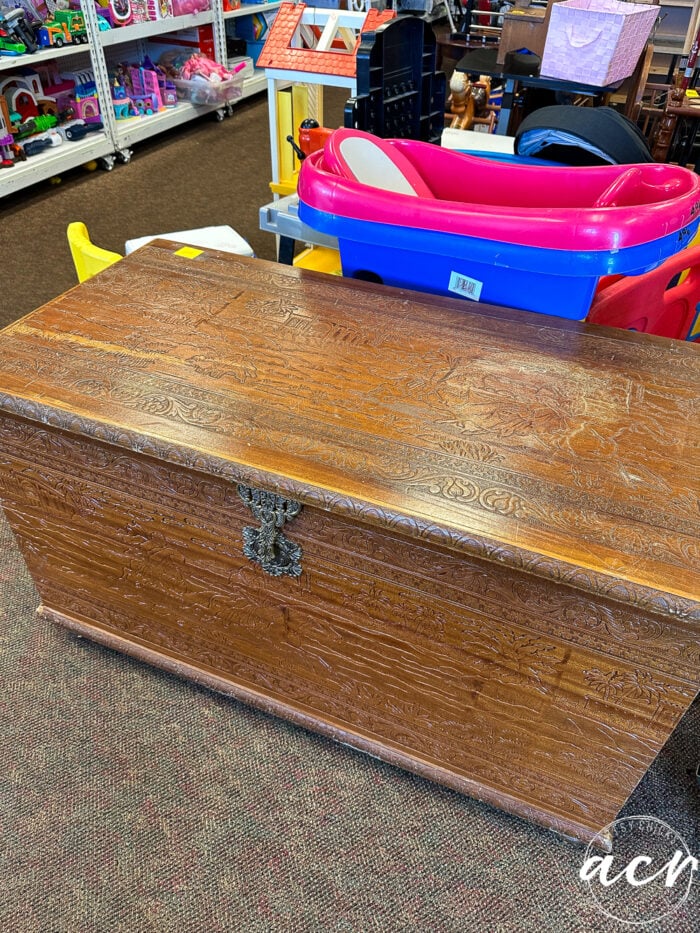 wood chest with carvings