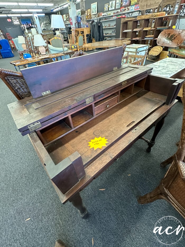 old wood desk with folding top open