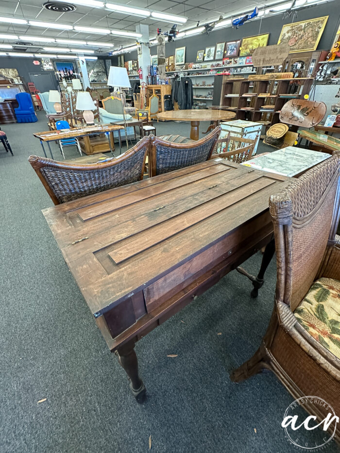 old wood desk with top closed