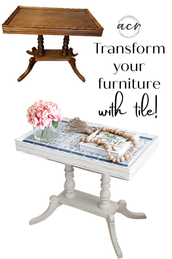 Learn how to easily transform furniture with tile! Give your old piece a brand new, updated look with decorative tiles! artsychicksrule.com