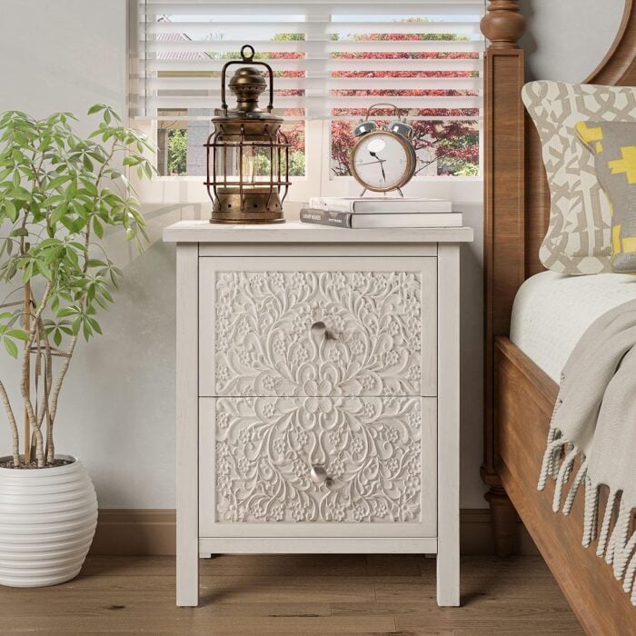 off white night stand with scroll pattern on front