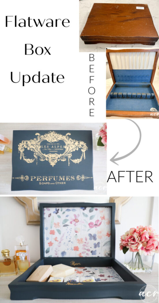 This flatware box update is made beautiful with paint, a gold transfer, and pretty peel-and-stick wallpaper!  artsychicksrule.com