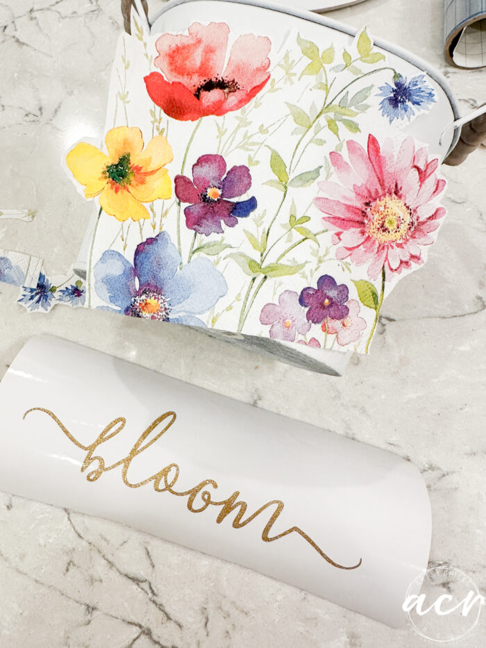 bloom gold lettering with tin and napkin