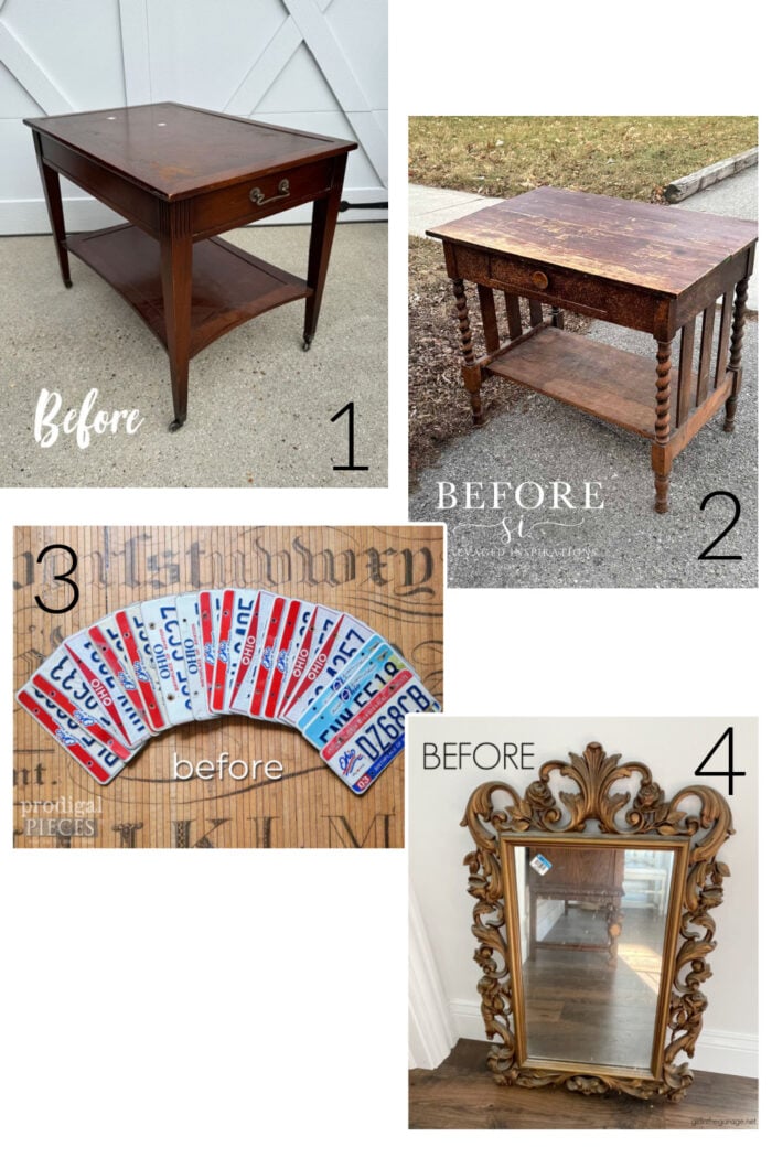 wood furniture, license plates before makeover