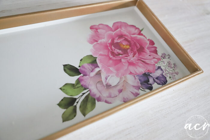 gold and white tray with pink florals