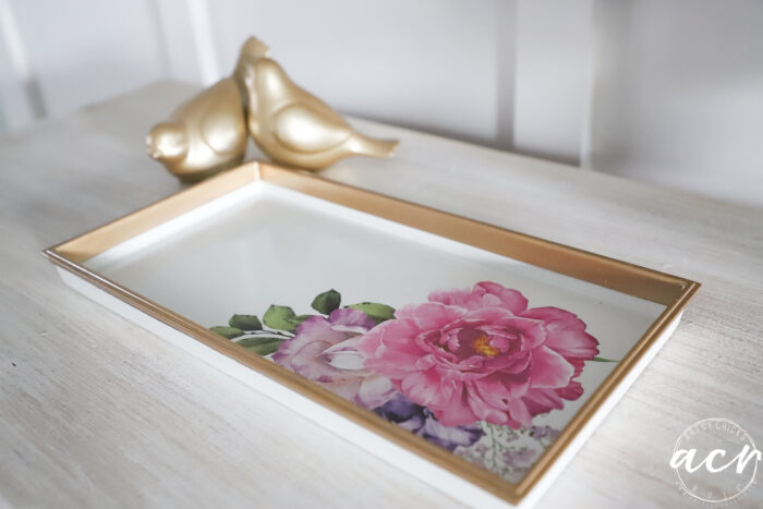 gold and white tray with pink florals and gold birds