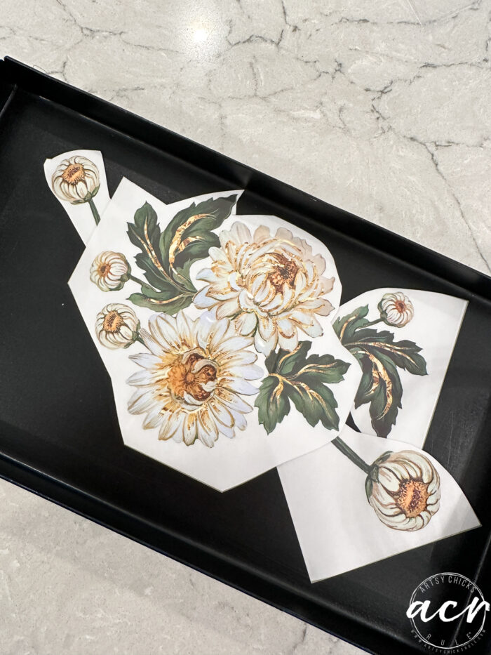 black metal tray with white gilded florals