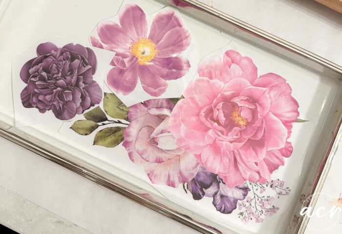 white tray with pink and purple flowers
