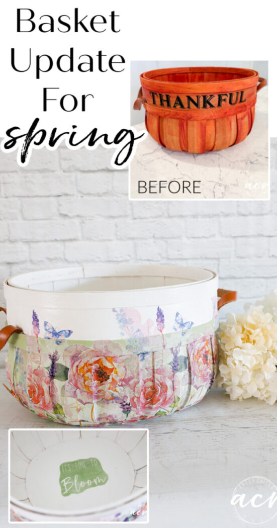 Pretty little basket update for spring! Fresh paint and a colorful spring floral napkin created a beautiful new look! artsychicksrule.com
