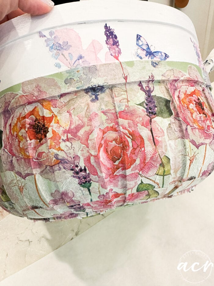 showing the side of the decoupaged basket