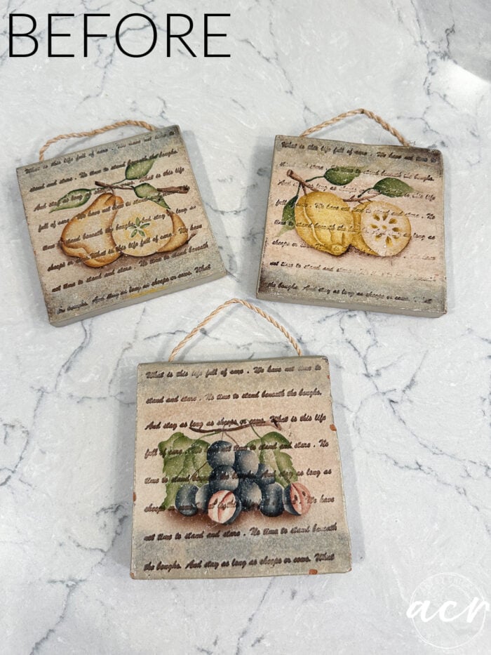 3 small plaques with words and fruit images