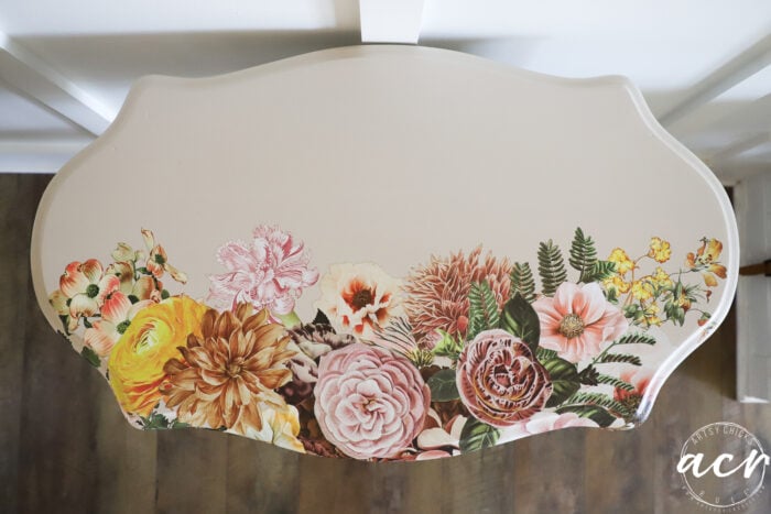 table top view with floral transfer on edge