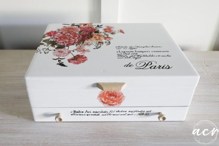 white flatware box with floral transfer and writing transfer 