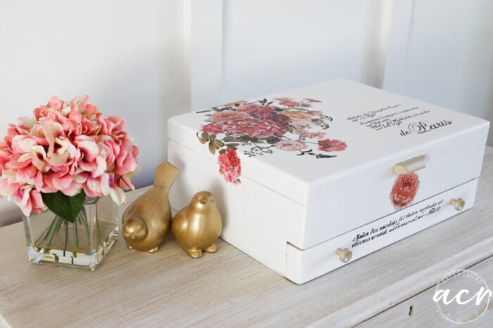 painted flatware box with pink florals and gold birds