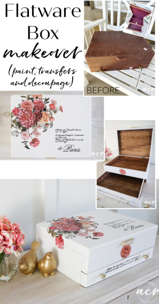 This thrifted flatware box makeover with transfers and decoupage created a brand new look for this sweet little box! artsychicksrule.com