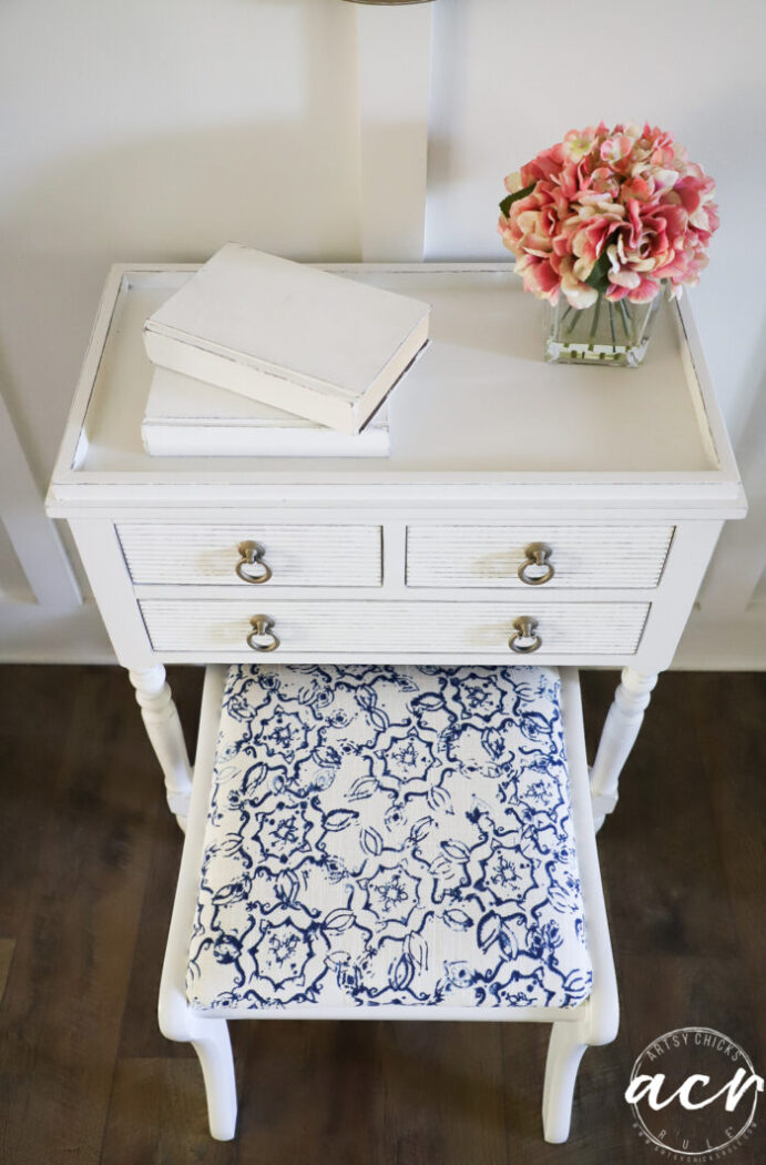 top view white cabinet and blue and white footstool