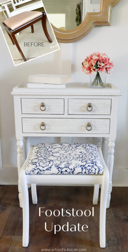 Simple and quick footstool update! Spray paint and pretty blue and white fabric for the win. artsychicksrule.com