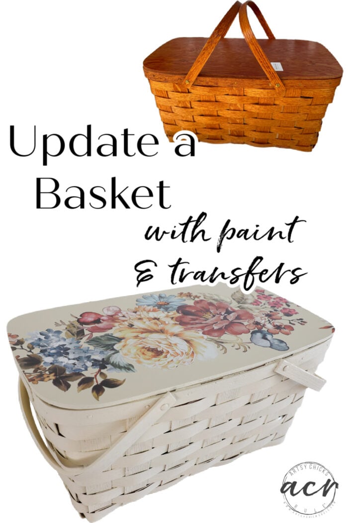How to update a basket (with decor transfers) and paint! Take that dated old, orangey basket and make it beautiful instead! Easy! artsychicksrule.com