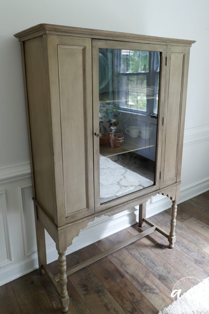 side view of pottery barn seadrift finish faux wood look