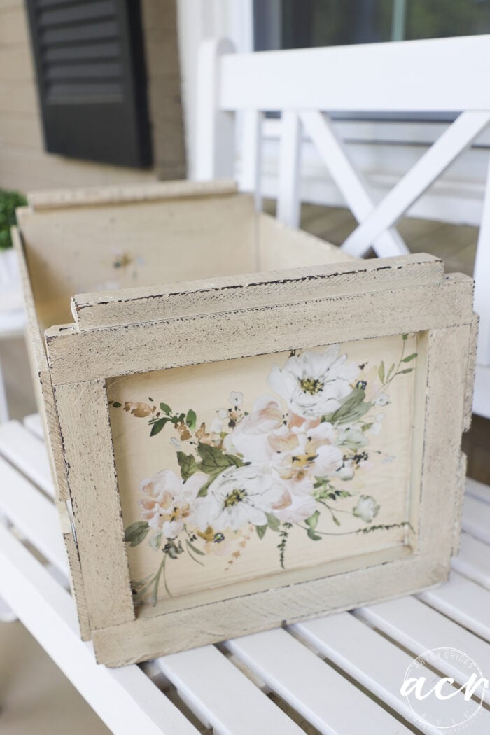 other end of crate on bench