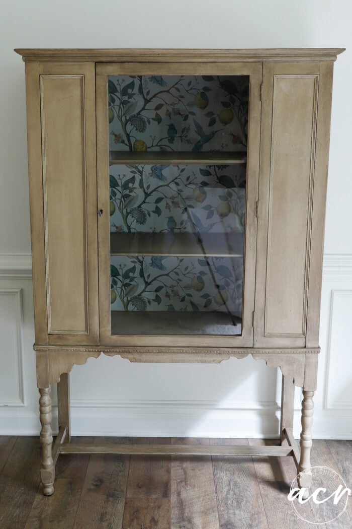 vintage cabinet updated with wallpaper