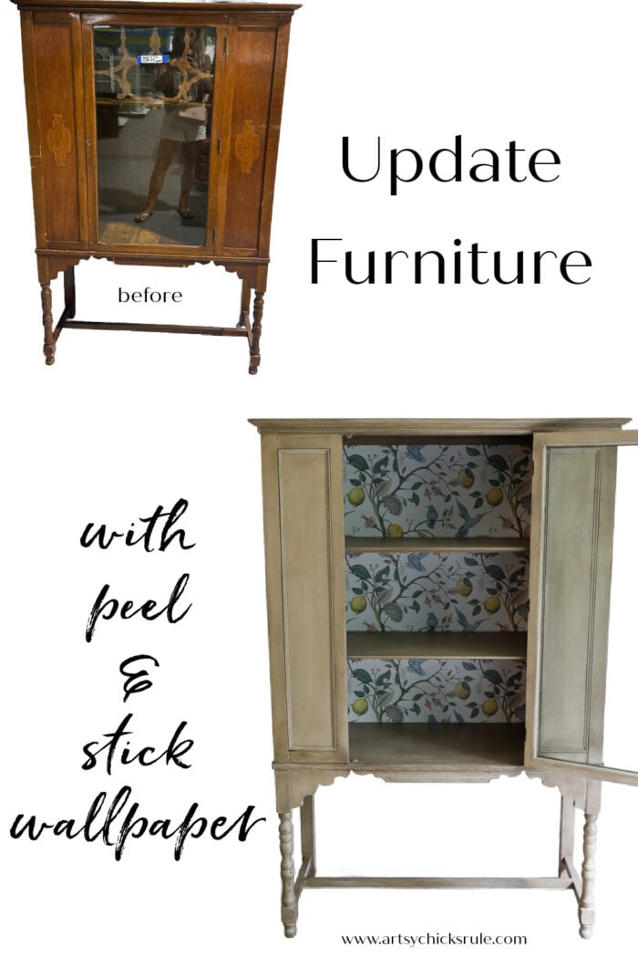 Learn how to update furniture with peel and stick wallpaper!! Such a great way to elevate that makeover...and simple too! artsychicksrule.com