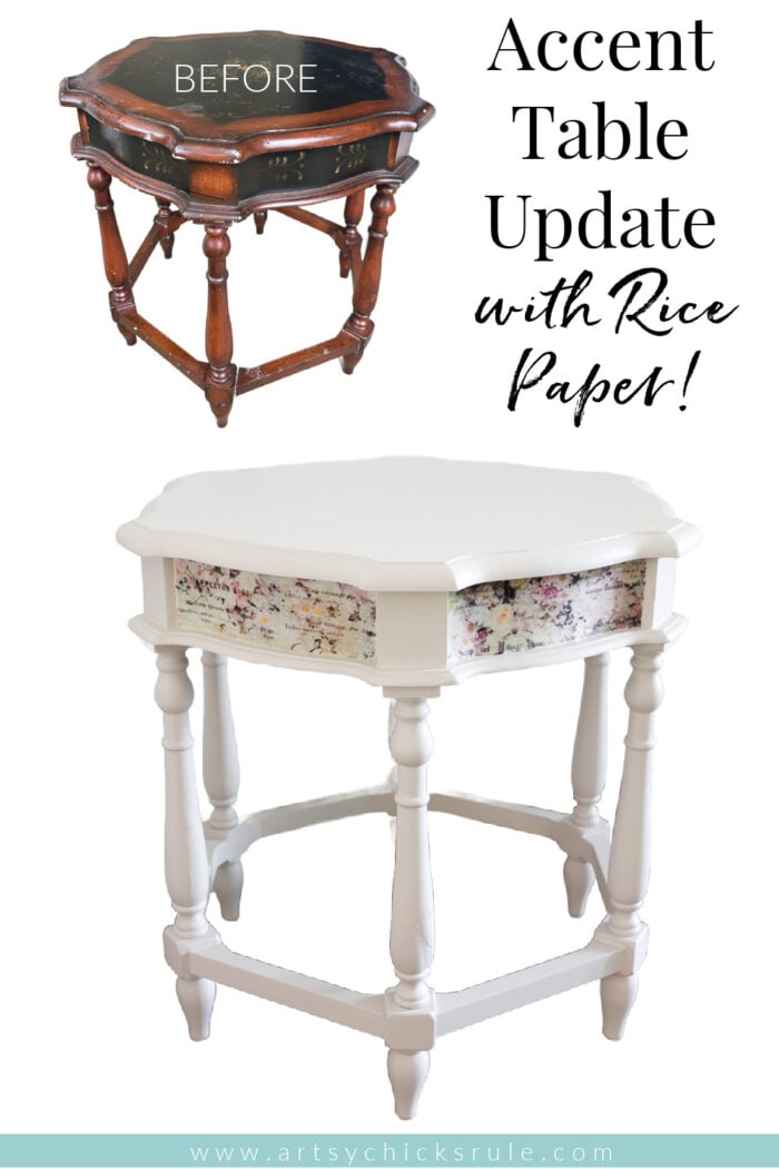 Elegant hexagon accent table update with rice paper and paint! artsychicksrule.com
